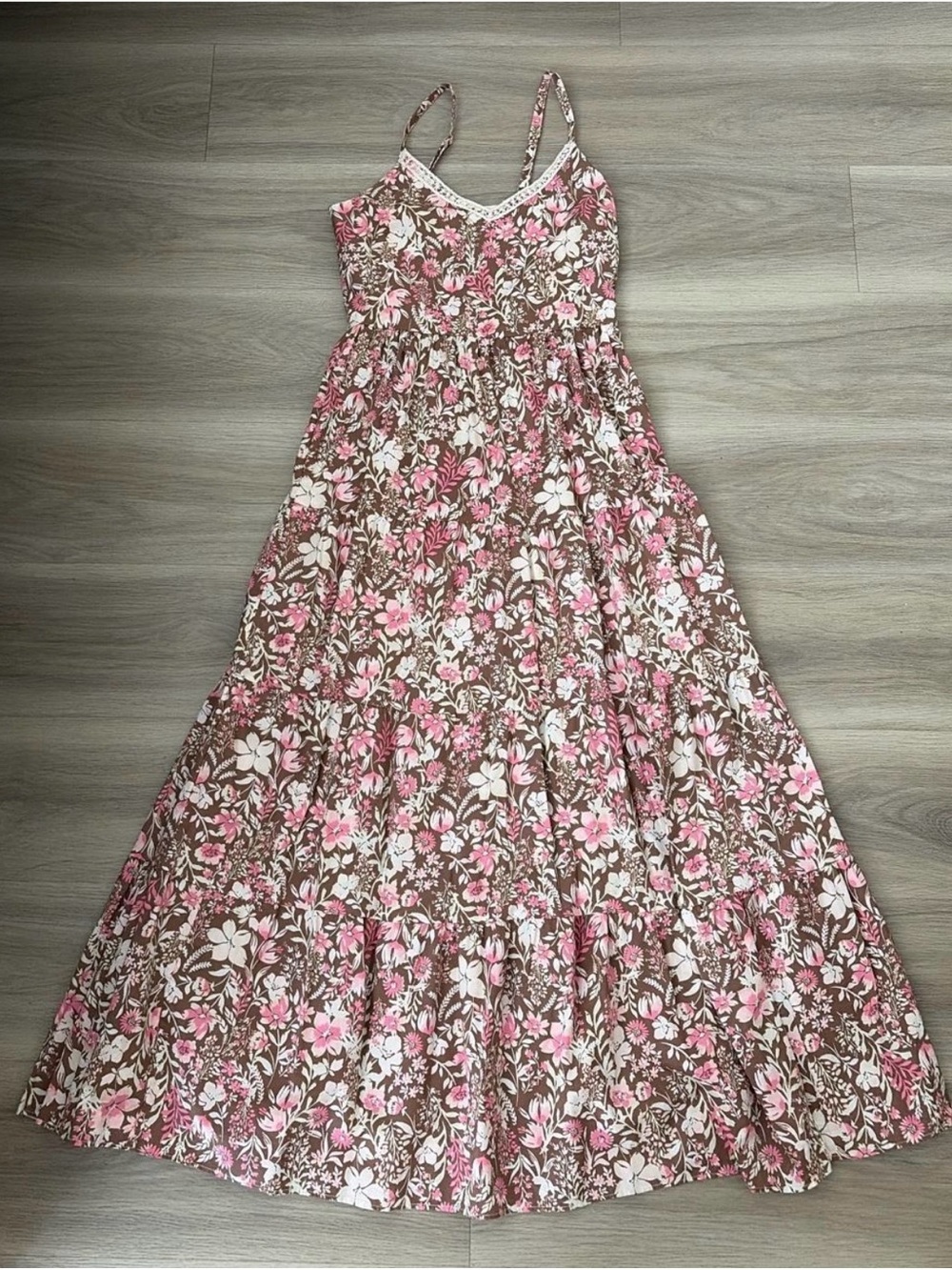 Rachel Zoe Pink and Brown Floral Maxi Dress with Spaghetti Straps